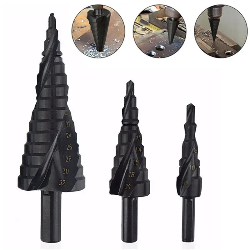 

3pcs/set High Hardless Step Drill Bits Set HSS Triangle Spiral Step Conical Cone Drill Bit Hole Cutter Tool 4-12/20/32mm