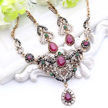 Classic Hollow out Water Drop Jewelry Sets Turkish Antique Gold Plating Necklace & Earrings Women Wedding Party Dress Bijoux