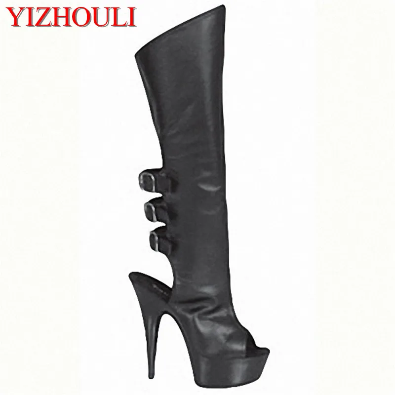 

15cm Package mail fish mouth slingback sexy black temptation Side zipper bow cute princess nightclub high-heeled boots