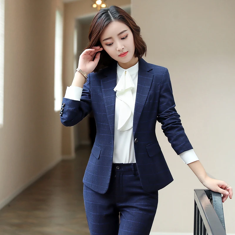 Longues D'affaires Blue À blue blue Ol D'hiver Skirt Pants Costume 4 Veste Mince Bleu Acrmrac Pantalon Costumes Pieces Femmes Jacket Pieces blue Set Skirt Pants Formelle Grille Manches 3 w8Yx6