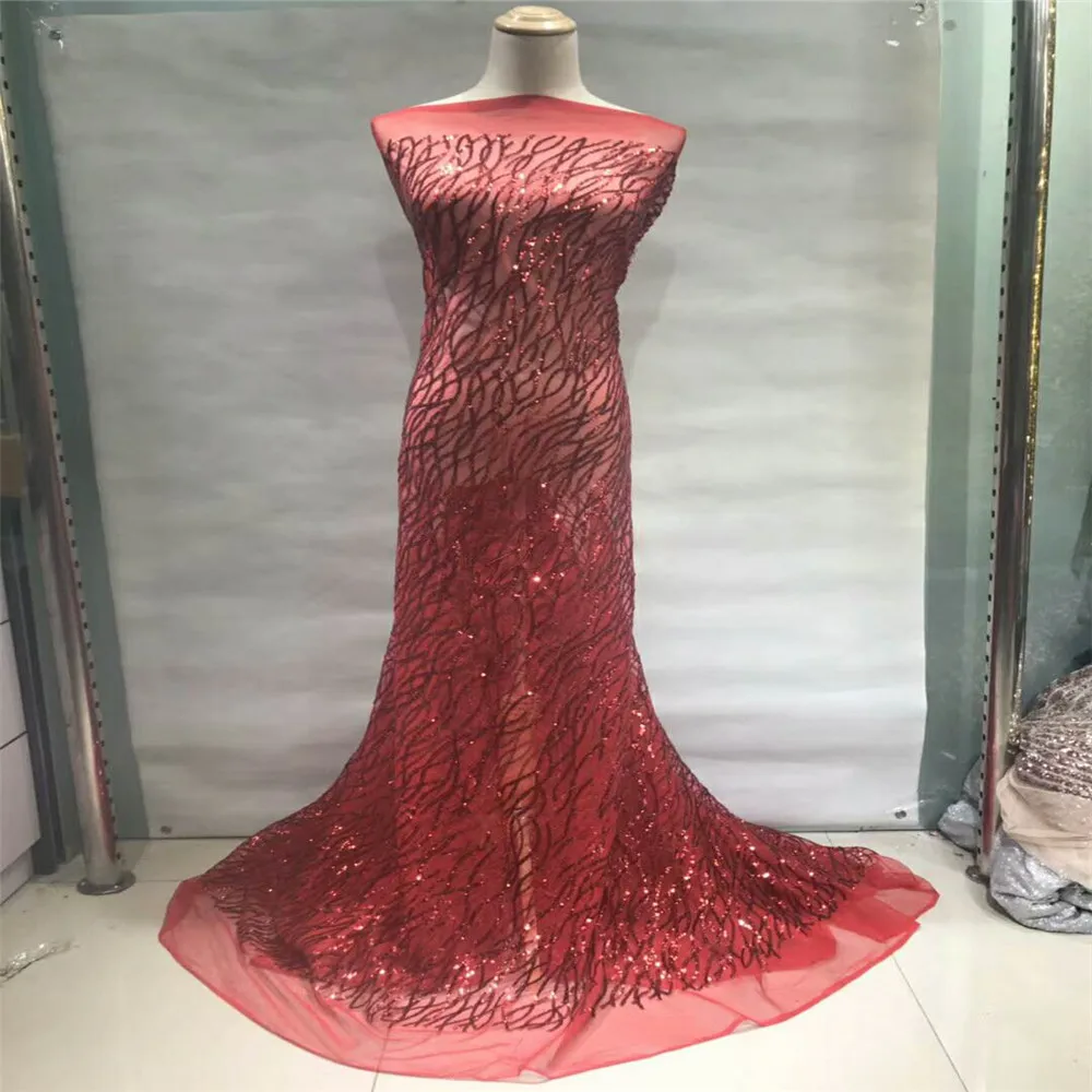 

High Quality African Lace Sequin Fabric Nigerian Swiss Voile Lace Fabrics 2018 Red Embroidered Sequin Fabric For Evening X200-2