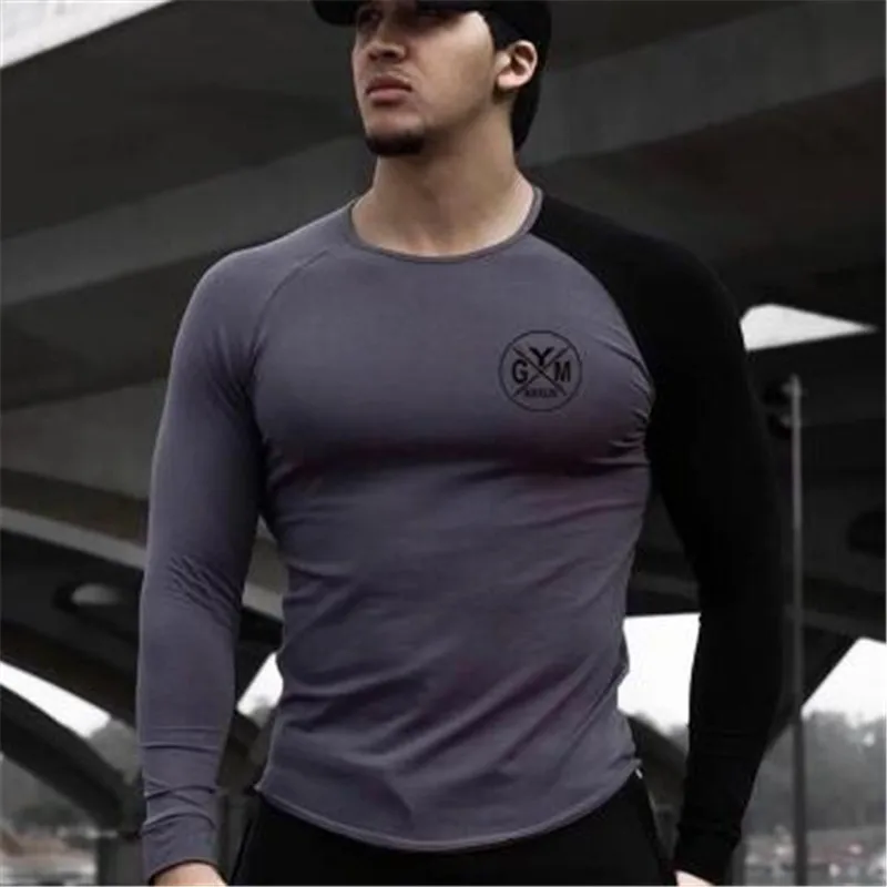 

YEMEKE Men Long sleeves cotton t shirt autumn style raglan casual fashion clothing Slim fit elasticity male Fitness tees top