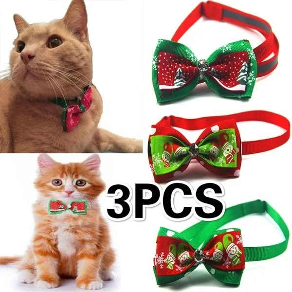 

3PCS Christmas Series Dog Collar Bow Tie with Shining Rhinestone for Small Sized Dogs Dress Up Decoration Pets Tie Collar