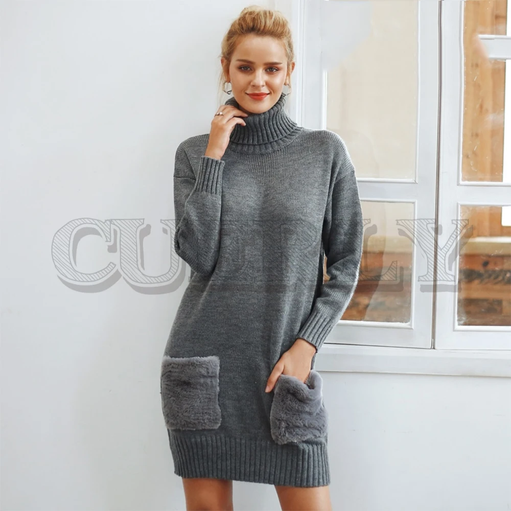 

CUERLY Elegant turtleneck knitted women sweater dress Faux fur patchwork pocket ladies dress 2019 loose autumn winter dresses