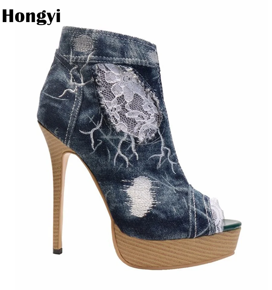 denim patchwork platform boots
