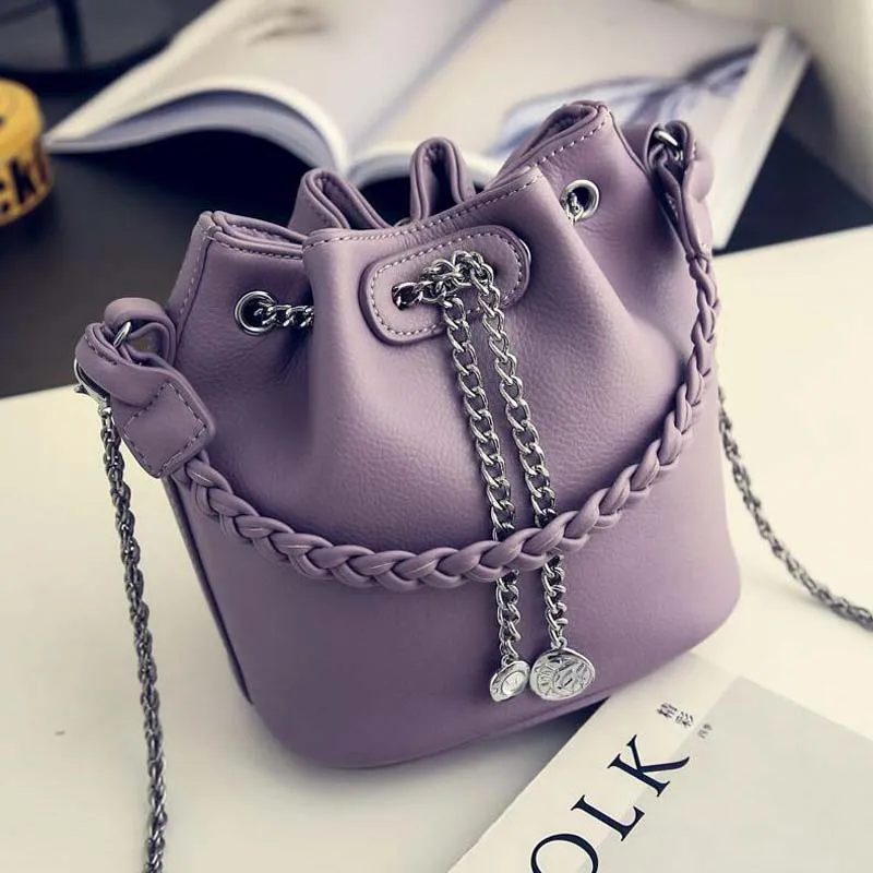 

Fashion Bucket Crossbody Bags for Women Mini Tote Handbag 2019 New Draw String Shoulder Bag Braided Ladies Purple Bags Purse