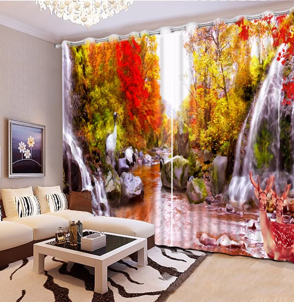 3D Curtain Photo Oil Painting Maple Leaf Creek Deer Curtains For Bedroom Living Room Blackout Shade Window | Дом и сад