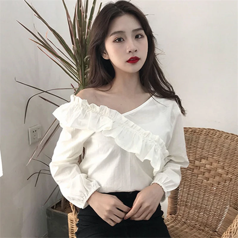 

Lychee Girls Sweet Summer Women Patchwork Blouse Ruffles V Neck Thin Slim Long Puff Sleeve Basic Shirt Top Female