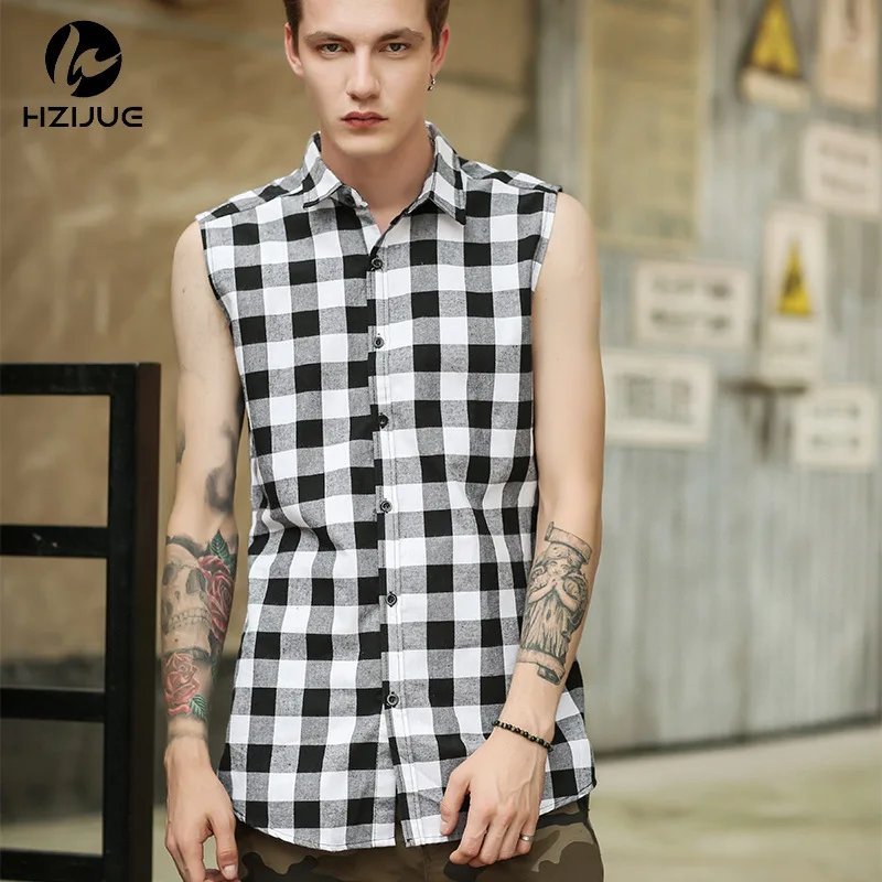 Sleeveless Plaid Shirt Men Promotion-Shop For Promotional Unique Design Hip hop tyga mens red Tartan plaid shirts sleeveless side zipper man extended casual bule Lattice shirt S-XXL H615 - Sleeveless Plaid Shirt Men Promotion-Shop For Promotional