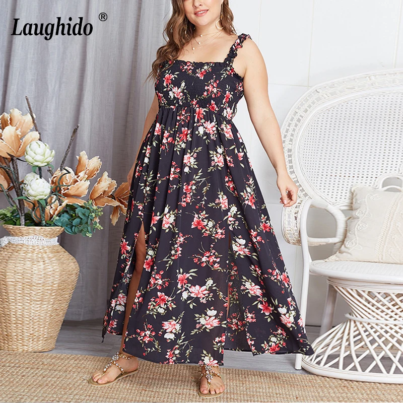 

Laughido Plus Size Spaghetti Strap Maxi Dress Split Floral Printed Vestidos Beach Boho Sexy Dress Women Elegant Summer Sundress