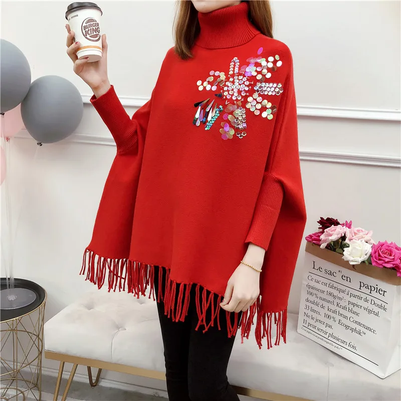 2021 Women Pullover Fashion Autumn Winter Warm Wrap Swing Turtleneck Sweater Long Sleeve Applique Sequins | Женская одежда