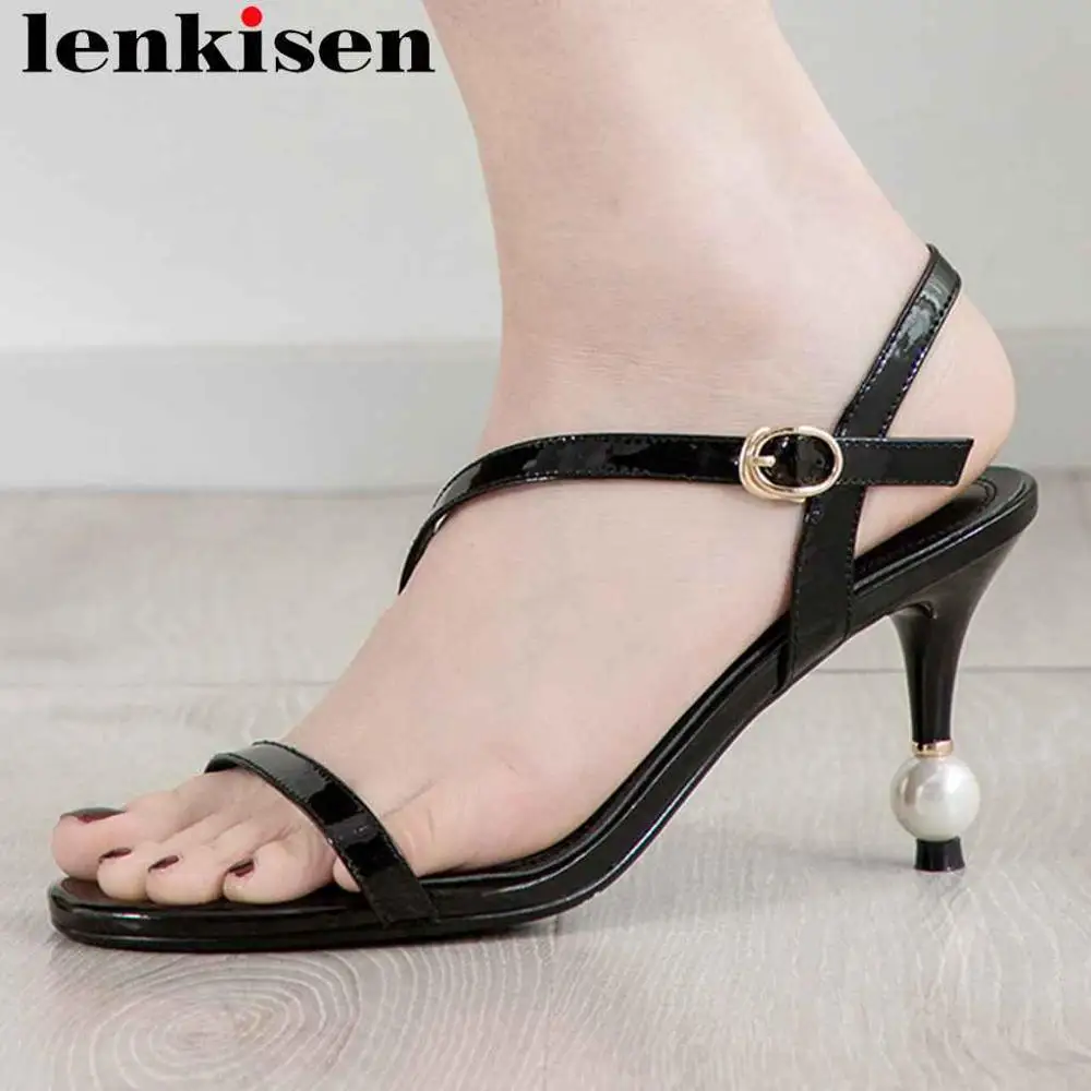 

Lenkisen superstar patent leather pearl high heels buckle strap women sandals peep square toe dancer wedding summer shoes L03