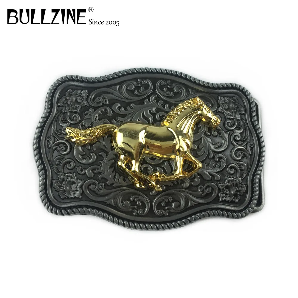 

The Bullzine wholesale running horse western men's belt buckle with gold and pewter finish FP-03705 suitable for 4cm width belt