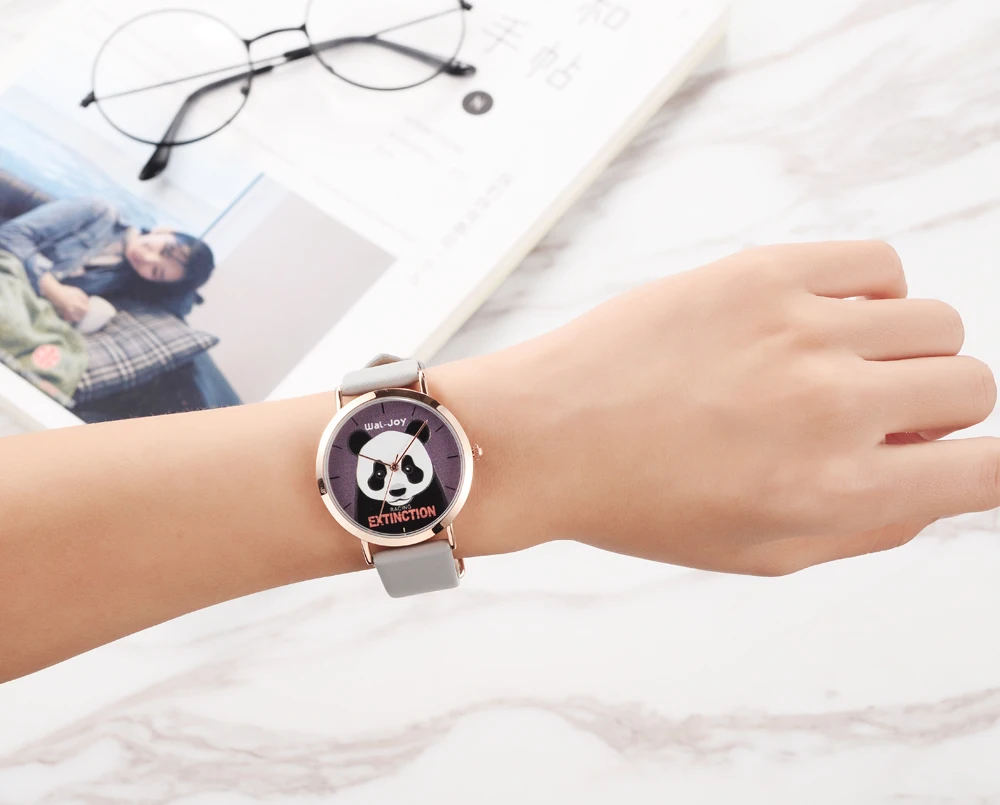 Wal-Joy, женские часы, модные, с изображением панды, кварцевые часы, для студентов, девушек, кожа, водонепроницаемые часы, черные часы, подарки для друзей