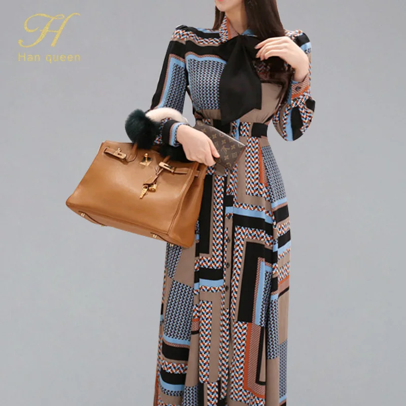 Billige H Han Königin Vintage Print Elegante Lange Kleid Frauen 2019 Frühling einreiher Hemd Kleider Taille Schaukel Ankle länge Vestidos