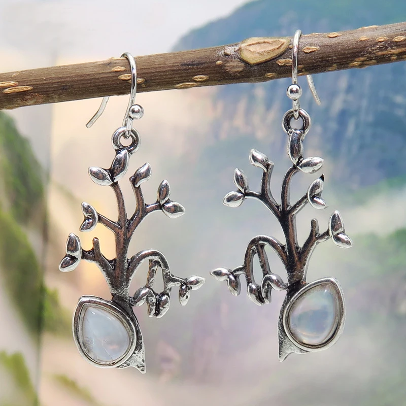 

Tisonliz Vintage Moonstone Tree Dangle Earrings For Women Silver Hanging Drop Earring Bride Wedding Party Retro Jewelry Brincos
