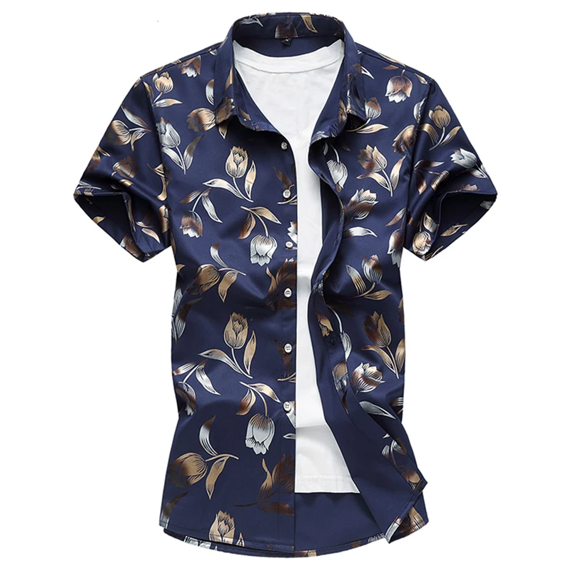 Новые Брендовые мужские рубашки с коротким рукавом Гавайские повседневные рубашки с цветочным принтом для мужчин Slim Fit плюс размер M-7XL модный принт Летний стиль - Цвет: Тёмно-синий