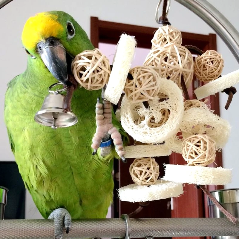 

Pet Small Animal Birds Parrots Toys Handmade Chewing Bite Training Hanging Cage Rattan Balls Bell Pets