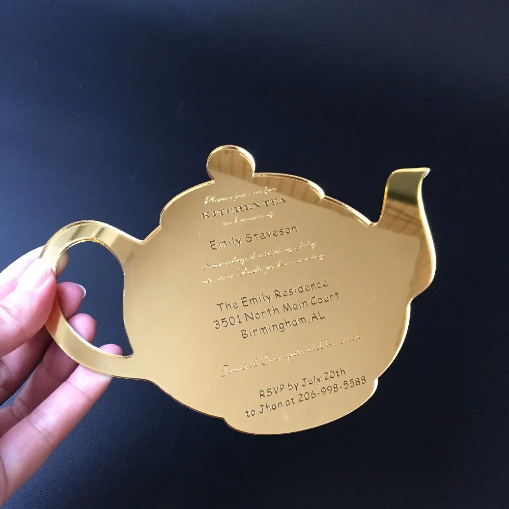  30Pieces Per Lot Funny Tea Pot Shape Wedding Kitchen Tea Golden Mirror Acrylic Invitation Cards SHI - 32872195064