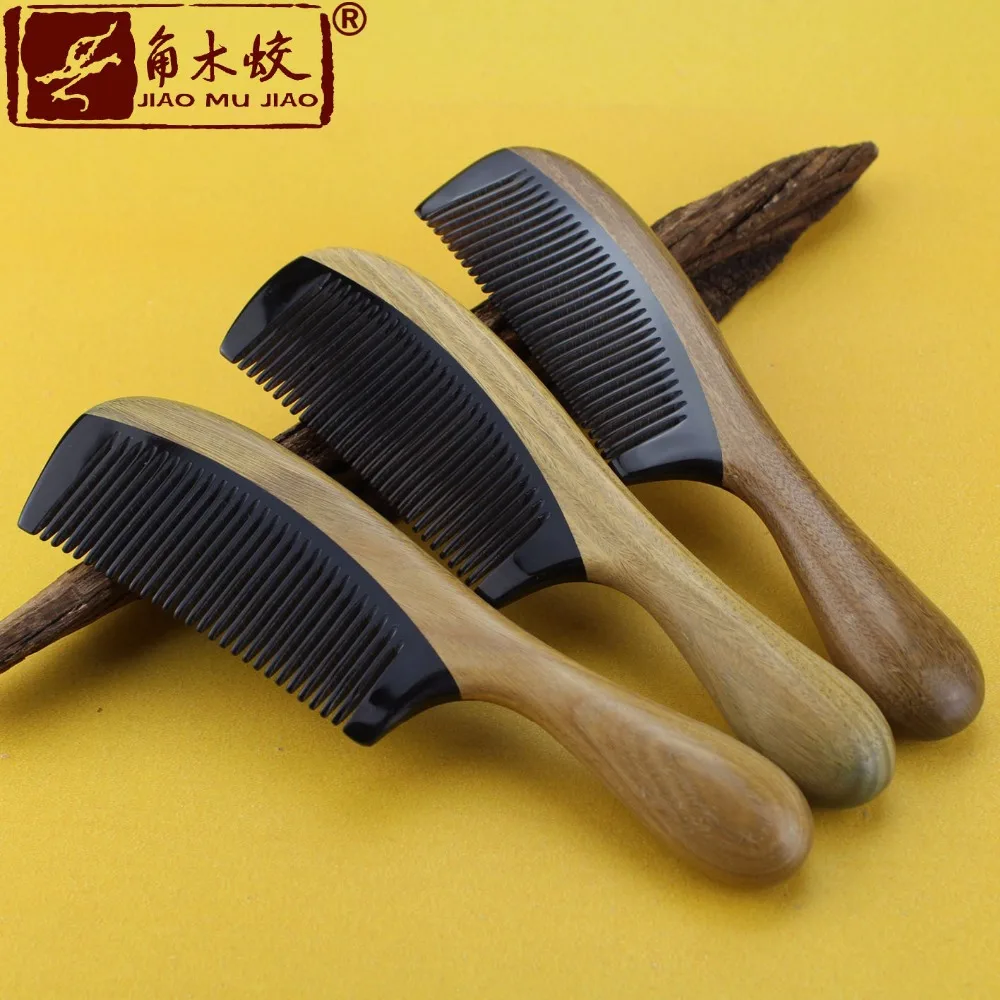 

100% Natural high quality Green Sandalwood Handmade Horns wooden comb Round shank fine tooth hair care comb