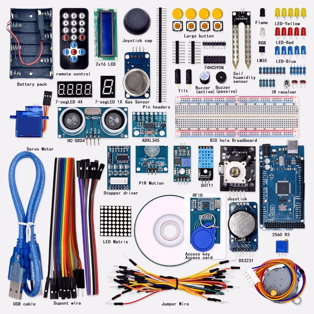 Free shipping Super Mega 2560 Starter Kit for Arduino 1602LCD RFID Relay Motor Buzzer