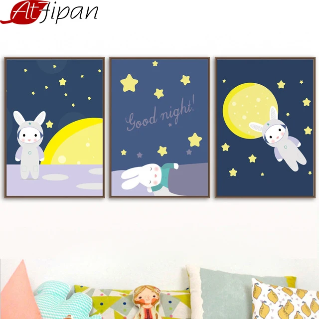 

Atfipan Nordic Animal Cartoon Rabbit Moon Star Posters Framed Canvas Painting Animal Canvas Art Wall Pictures Kids Room Artworks
