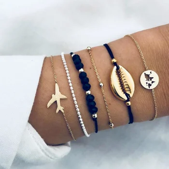 

6 Pcs/ Set Bohemian Shell Aircraft Map Charm Bracelets For Women Fashion Multilayer Crystal Beads Bracelet Set Party Jewelry