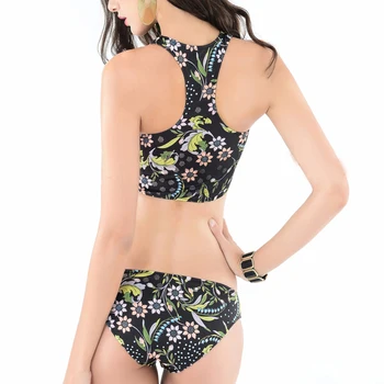 

High Neck Swimsuits Bikini Professional Pool Body Suits Vintage Printed Tankini For Women Zipper Back Swimsuits Push Up Bikinis