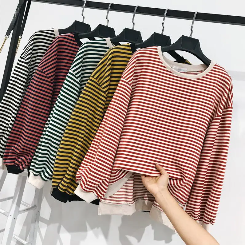 

Autumn loose irregular thin section striped long-sleeved knit round neck sweatshirt women