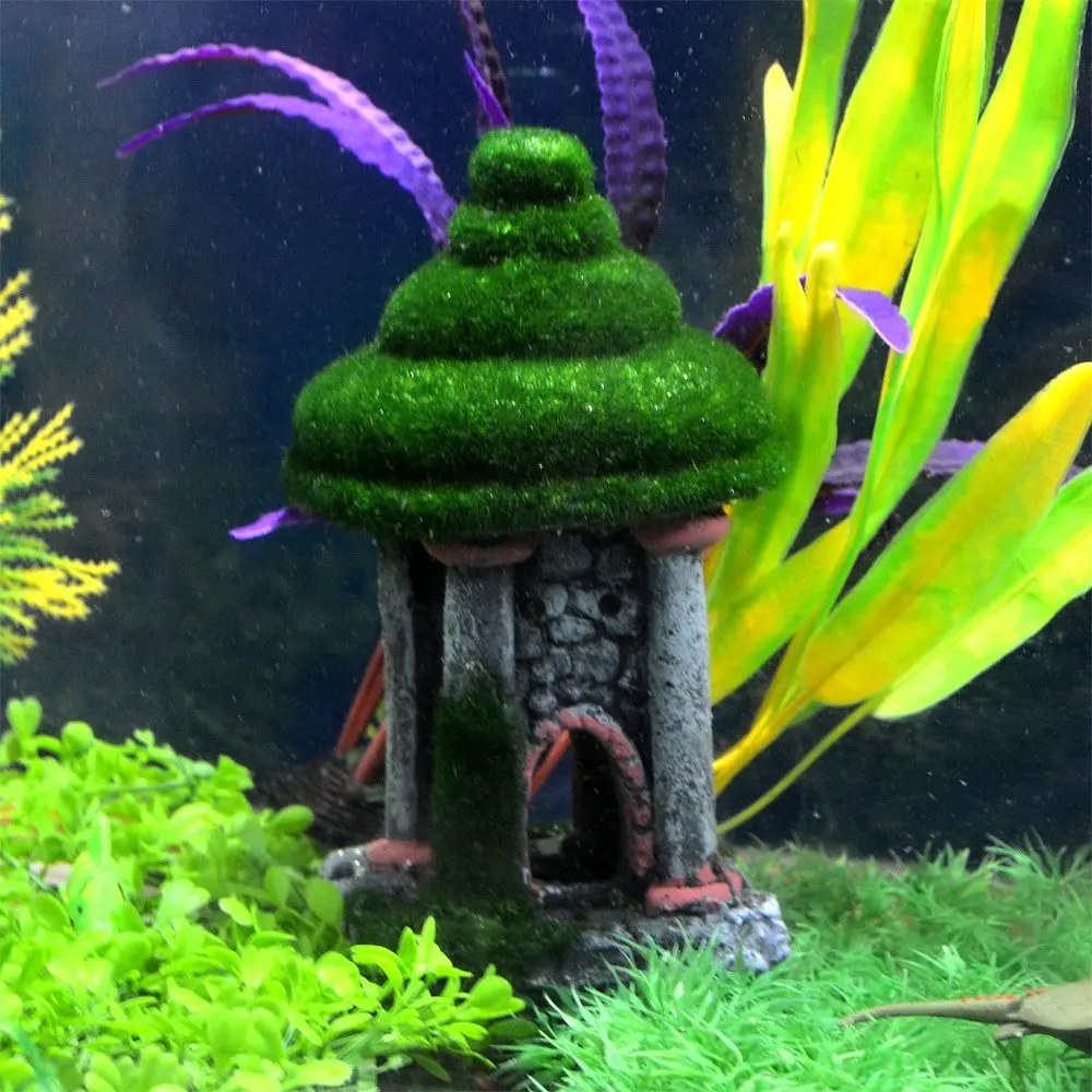 6.8" Saim Resin Ancient Tower with Moss Aquarium Decorations Fish Tank
