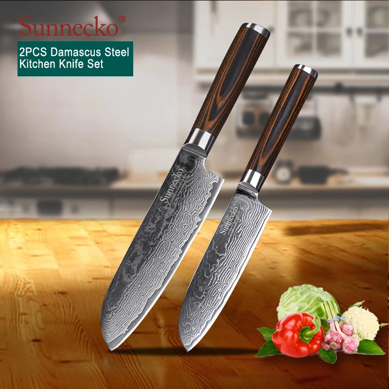 

Sunnecko 2PCS Kitchen Knives Set Santoku Chef Knife Damascus VG10 Steel Razor Sharp Blade 60HRC Cutting Tools Color Wood Handle