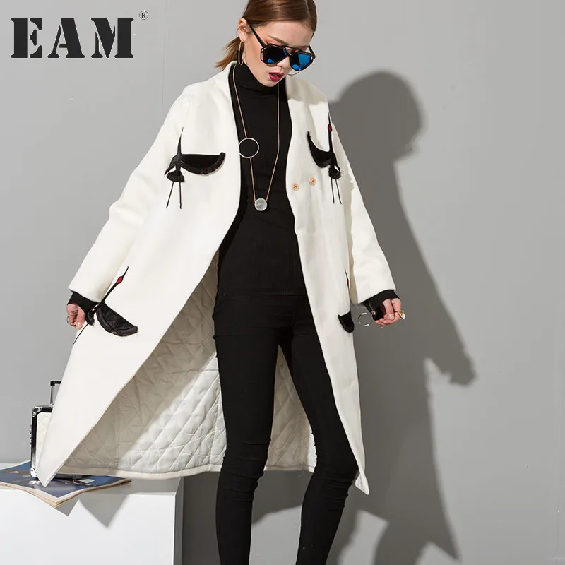 [EAM] 2018 New Temperament Woollen Overcoat Two-sided Embroidery Woolen Big Coat Women Fashion HA04202S