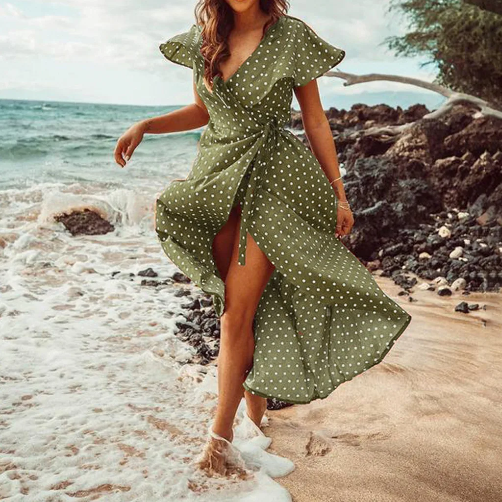 Женское длинное платье в горошек Salidas de playa para mujer пляжное макси стиле бохо с v