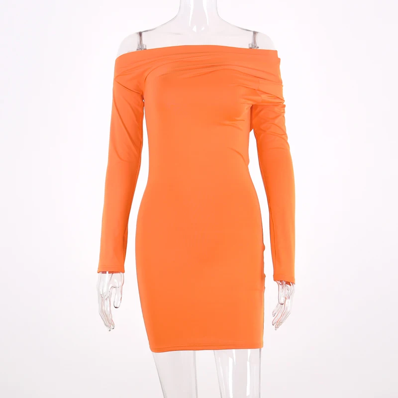 Hugcitar neon orange Длинные рукава однотонное сексуальное платье на осень-зиму женская уличная мода, вечеринки Клубные наряды платья