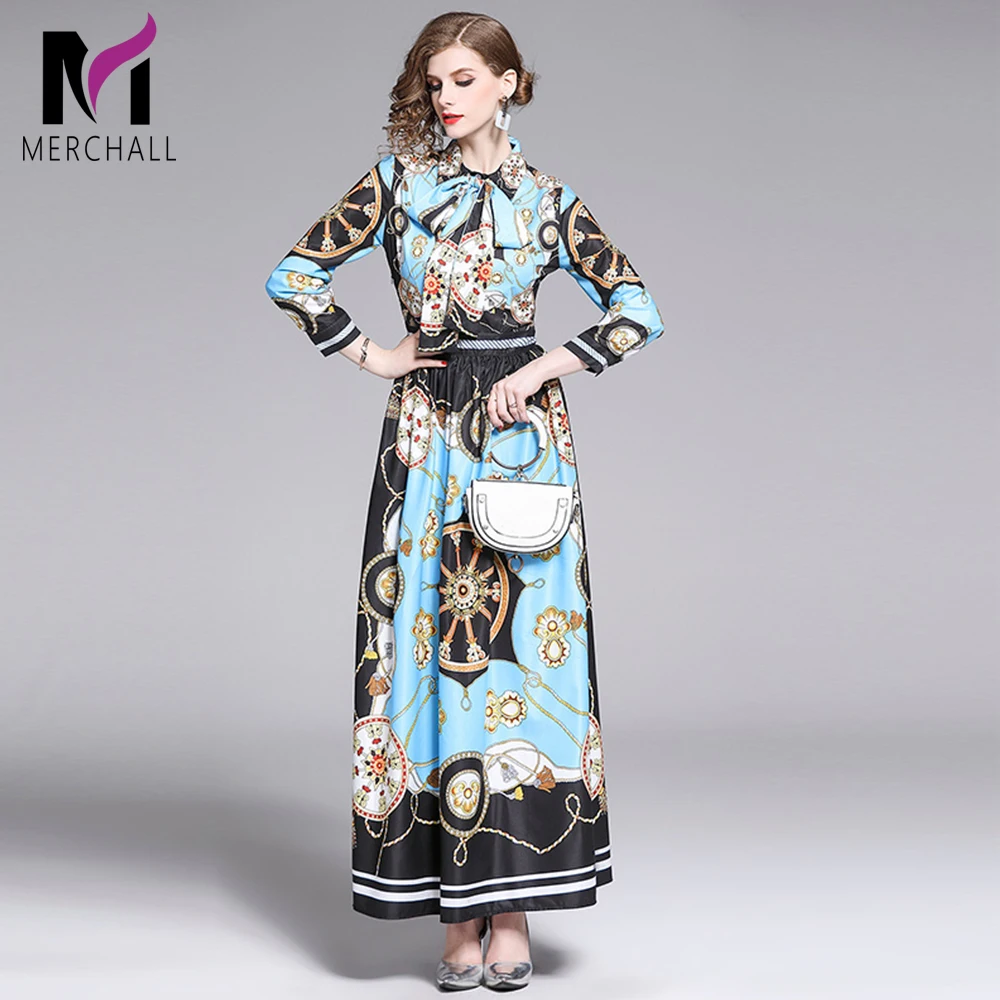 

Merchall 2019 Autumn Designer Chain Printing Runway Floral Dress Women Long Sleeve Necktie Belt Big Swing Maxi Long Party Dress