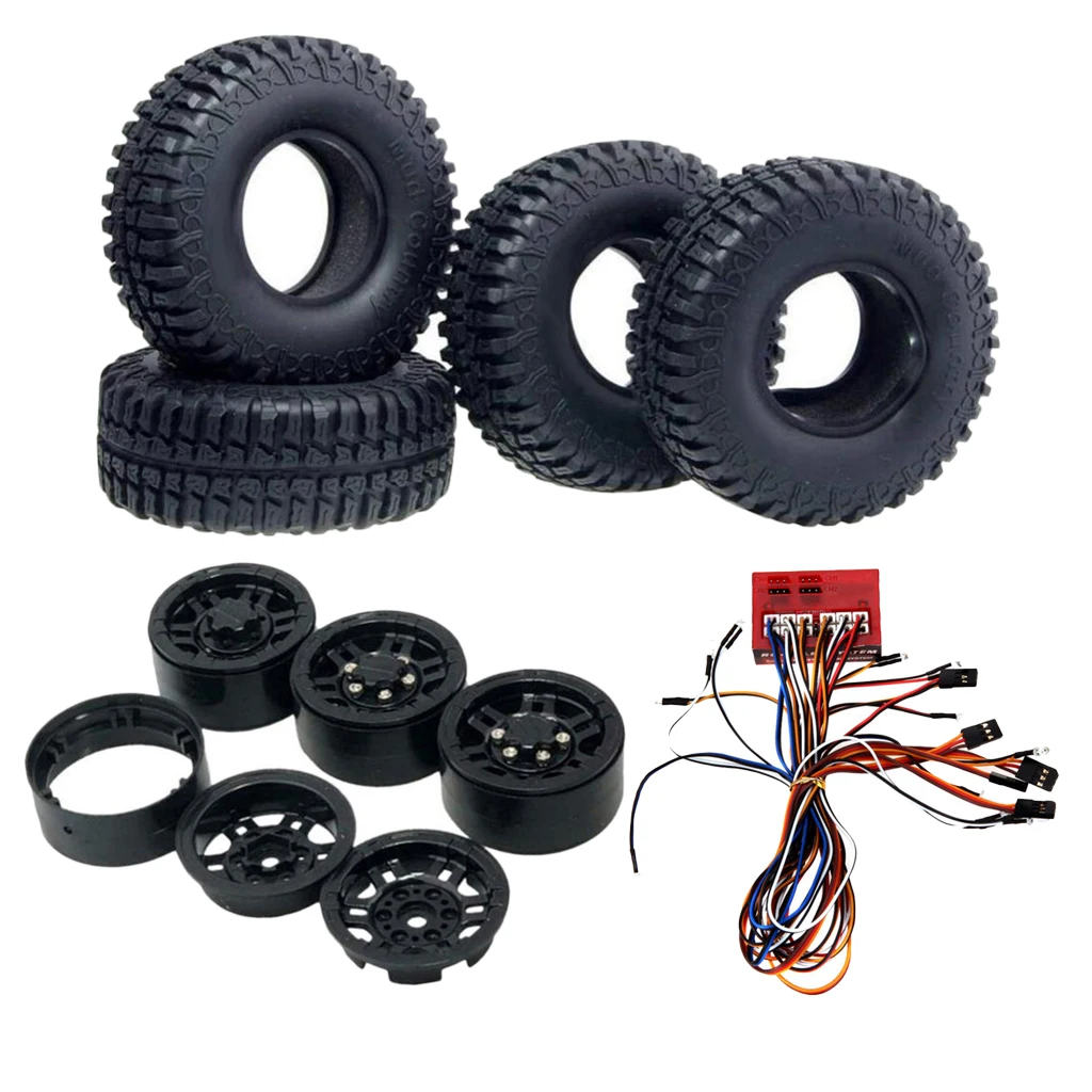4x 1.9'' Beadlock Wheel Rim Tires Rubber+12 LED Lights for 1/10 Axial SCX10 CC01 RC Buggy Carwler Models