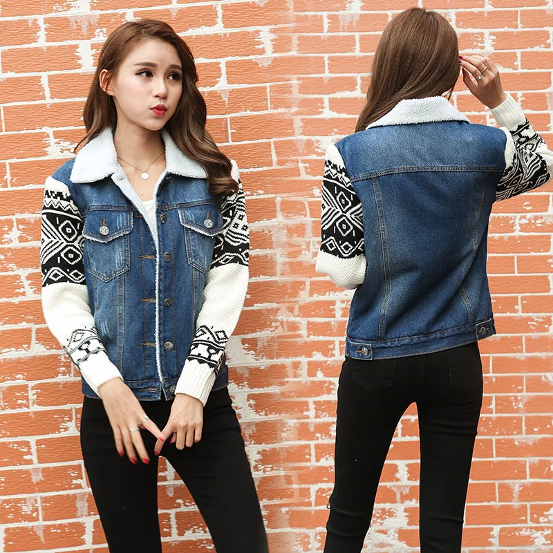 lower price Women Winter Denim Coat Thicken Fleece Lamb Wool Aztec Pattern Patchwork Long Sleeve Jeans Jacket W