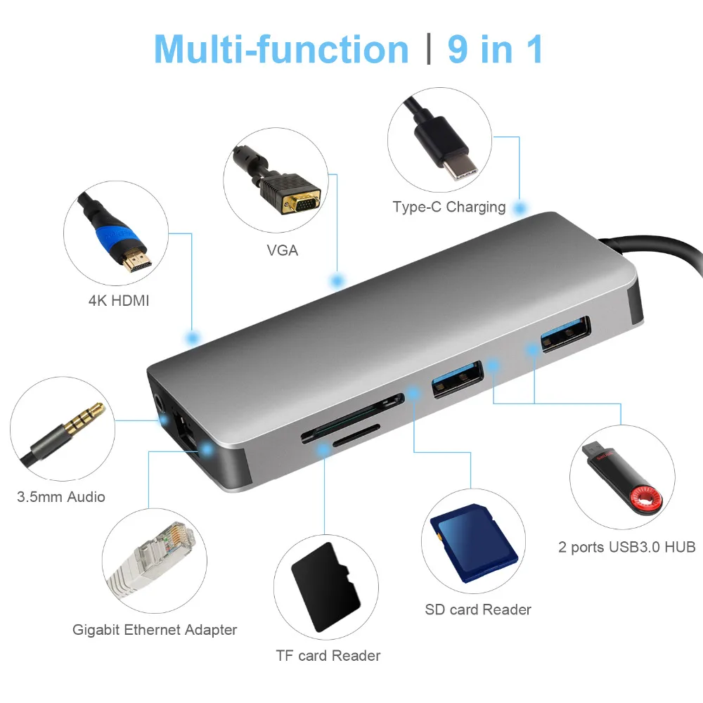 

9 in 1 Type C Thunderbolt 3 HUB 4K USB C to HDMI Adapter RJ45 Ethernet SD/TF Card Reader Adapter 3.5mm Audio for laptop and more