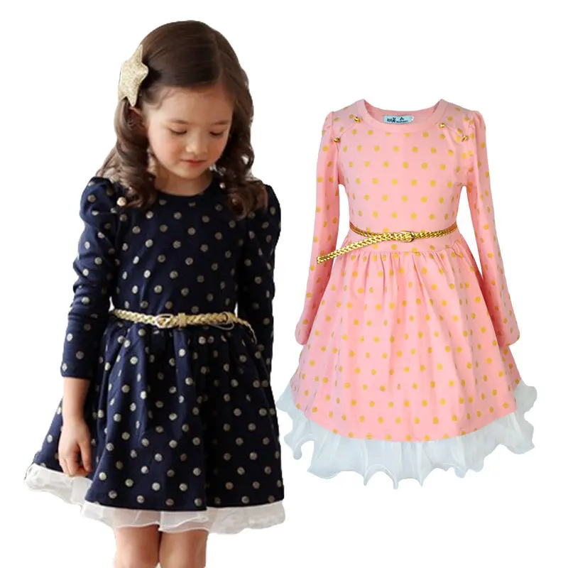 

Baby Girl Princess Pink Navy Blue Party Dress European American Style Gold Dot Print Kids Dresses for Girls Clothes Have Belt