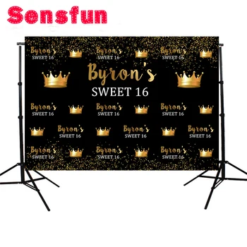 

Sweet 16 Birthday Photography backdrops Gold crown step and repeat birthday Background customize photocall 7x5ft