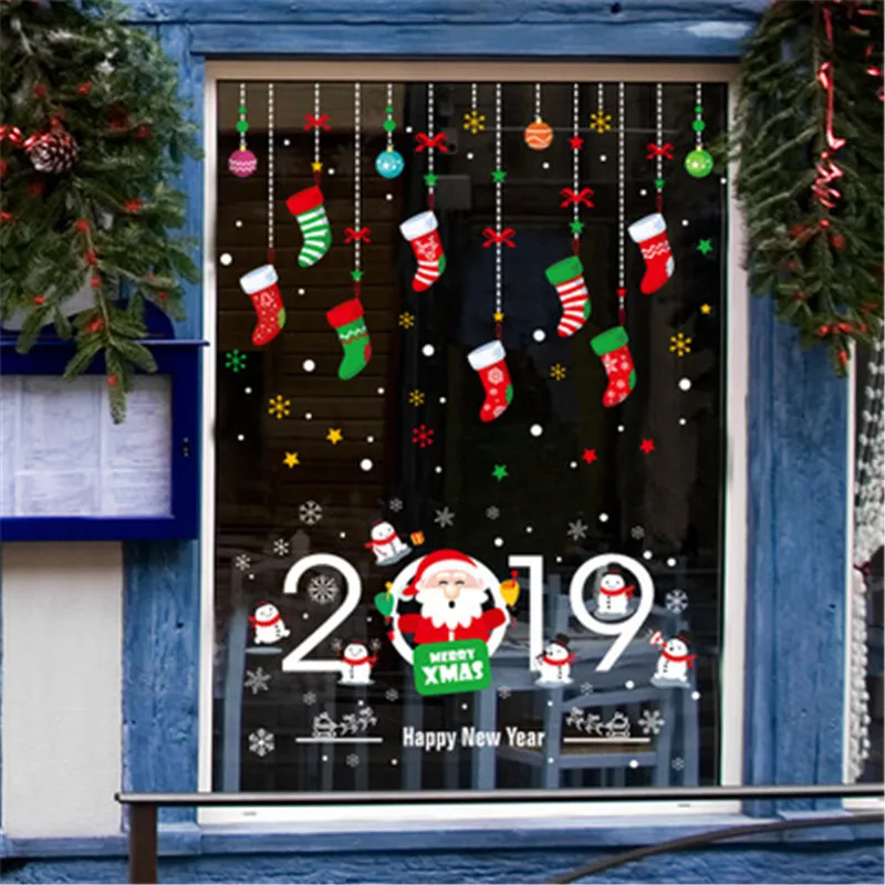 2019 новый год Окно Стекло ПВХ Рождество Зима наклейки на стену для детской комнаты