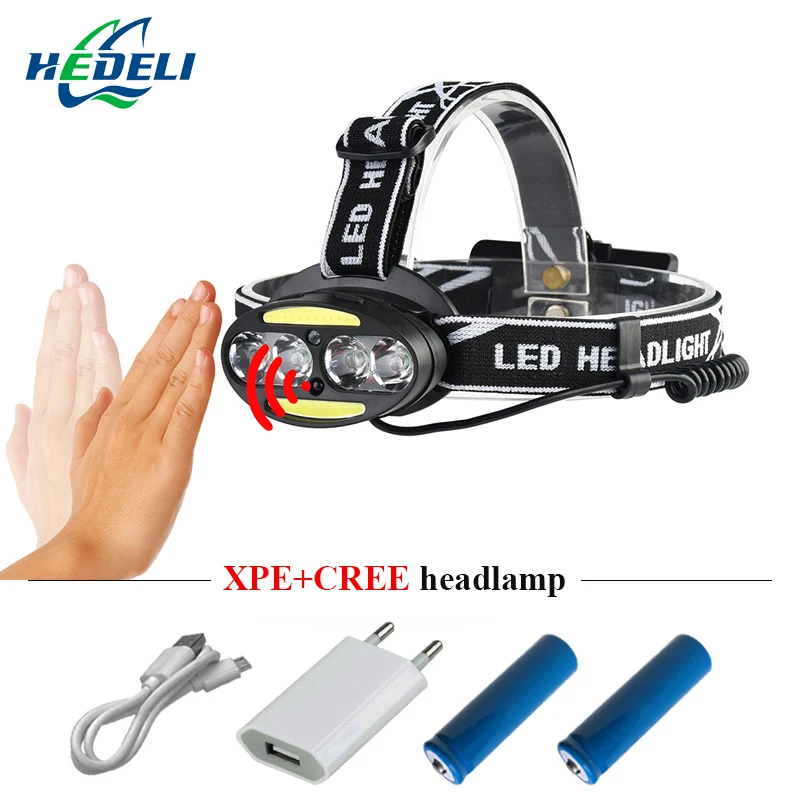 

IR sensor rechargeable usb led headlamp led headlight 4 cree xml t6 2 cob head light 18650 head lamp flashlight torch headtorch