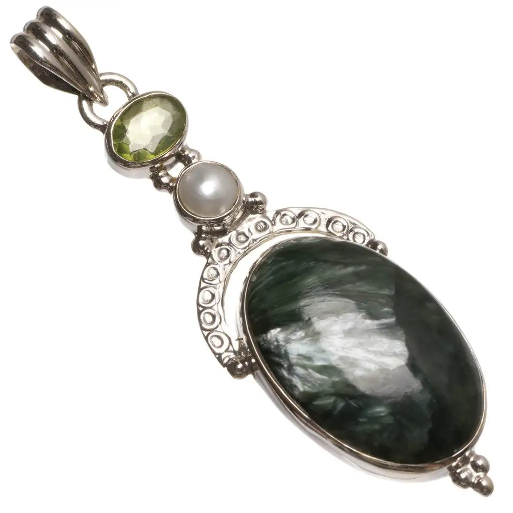 

Natural Russian Seraphinite,River Pearl and Peridot Boho 925 Sterling Silver Pendant 2 1/4" T0364