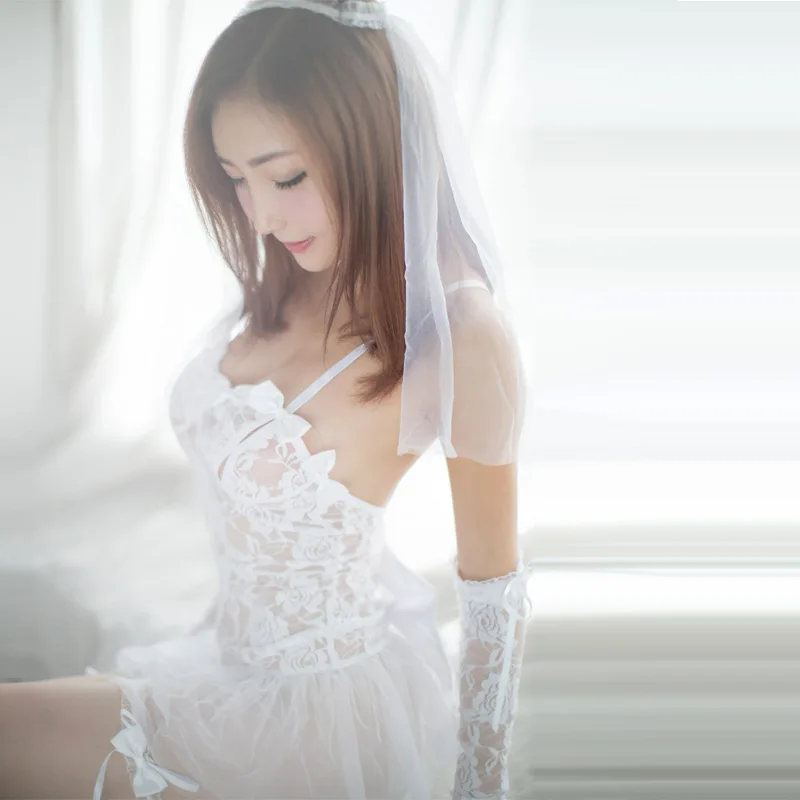 Популярное Кружевное белое свадебное платье, свадебная прозрачная Романтическая Ночная сорочка, Экзотическая одежда, сексуальный костюм, сексуальное нижнее белье - Цвет: WHITE