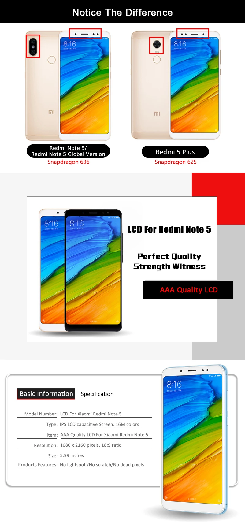 10-Touch AAA Качество LCD+ рамка для Xiaomi Redmi Note 5 Pro ЖК-экран Замена для Redmi Note 5 LCD Snapdragon 636