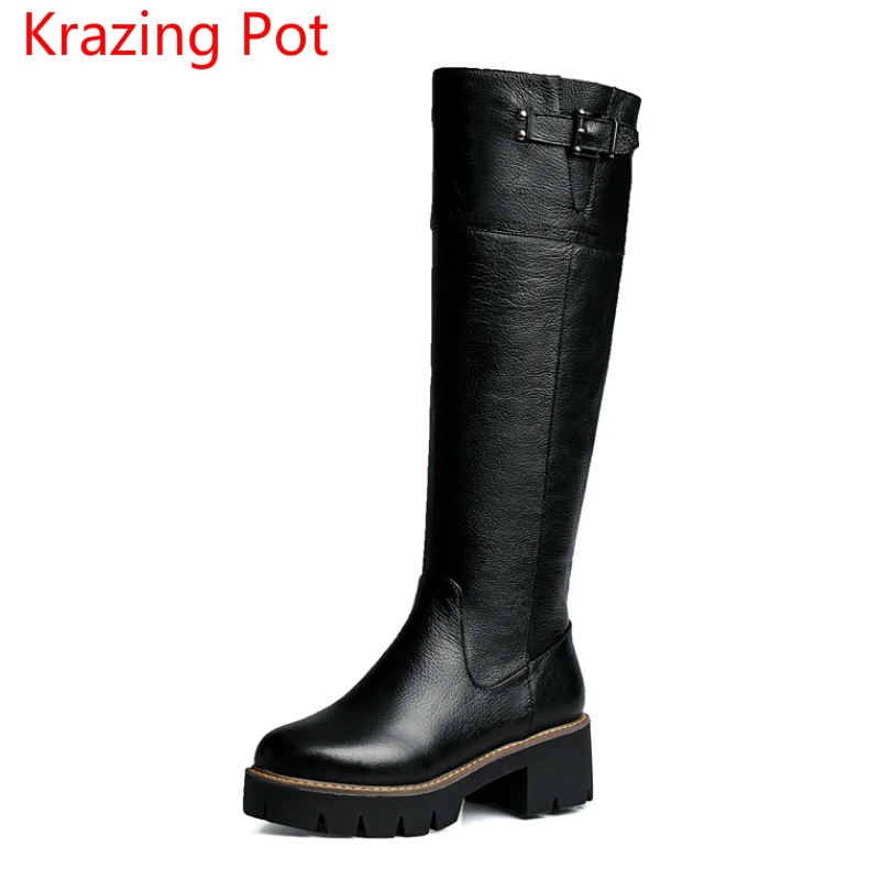 

Handmade Genuine Leather Large Size Winter Shoes High Heels Platform Office Lady Fashion Boots Basic Women Knee High Boots L1f2