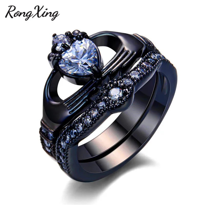 

RongXing White Heart Cubic Zirconia Claddagh Rings Sets for Women Vintage Black Gold Filled Birthstone Engagement Rings RB1362