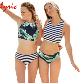 lyric Halter Bikini Set Swimsuit Sexy Crop Top Swimwear For Women High Neck Striped Bathing Suit Swimsuit Girl's Swimming Suit striped halter neck crop shell top