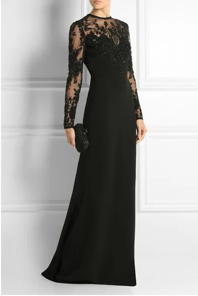 

formal party gown free shipping vestido de festa robe de soiree 2014 new fashion sexy black long sleeve appliques evening dress