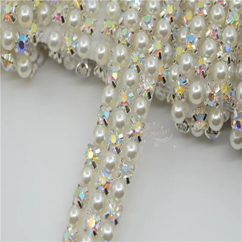 3 row crystal AB rhinestone beaded pearls trim applique Iron On Sew on